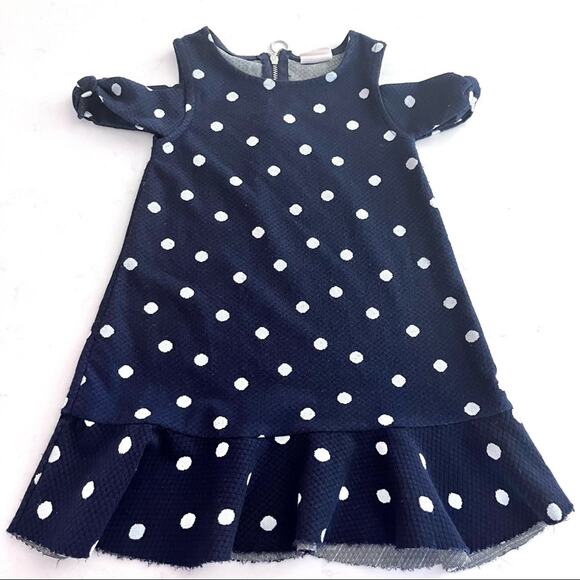 Zara Girls Navy Blue White Polka Dot Cold Shoulder Summer Dress Sz 4 - Picture 1 of 6